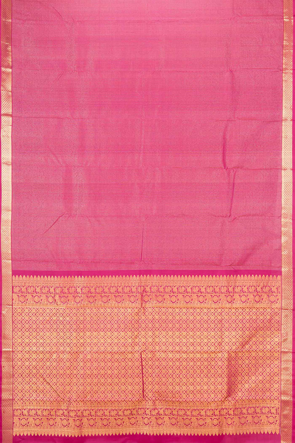 Flat view of Pink Dual Tone Kanchipuram Silk Saree with Zari Brocade on the body and Zari Border