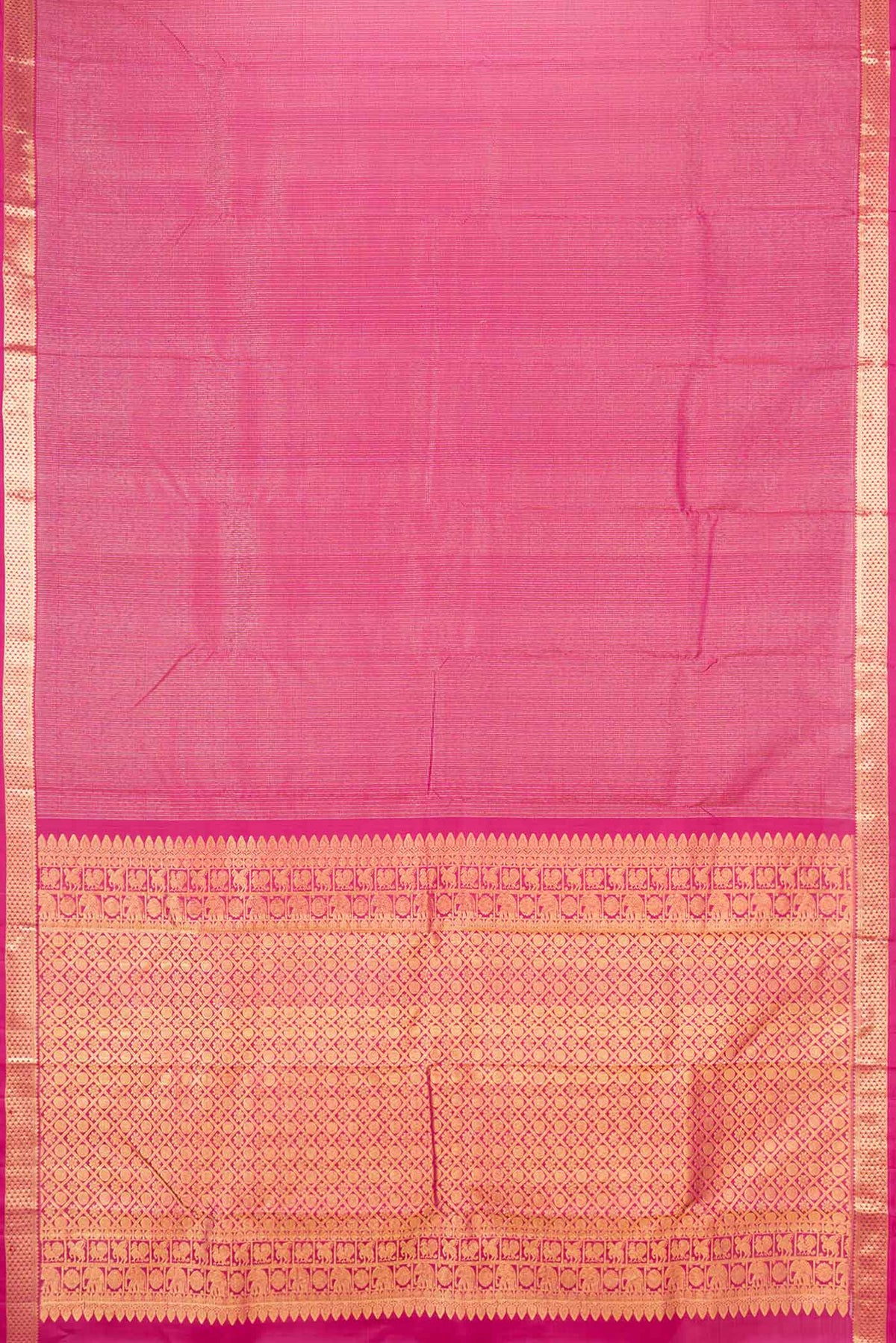 Flat view of Pink Dual Tone Kanchipuram Silk Saree with Zari Brocade on the body and Zari Border