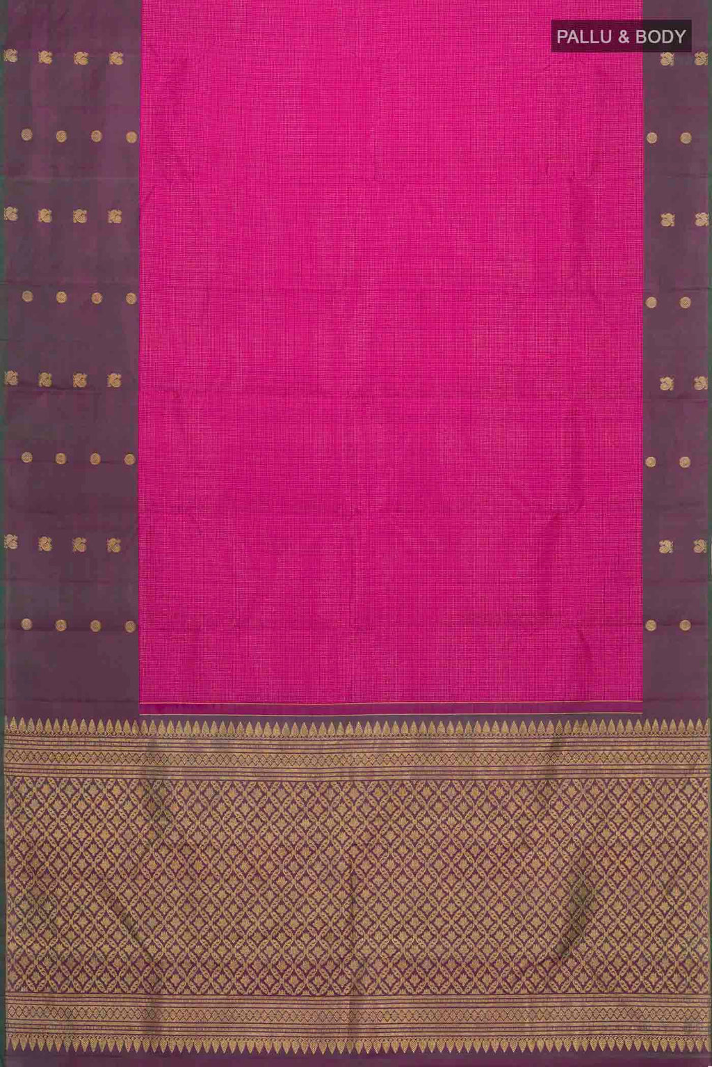 Flat view of Pink Kanchipuram Silk Saree with Zari Butta on the body and Zari Border