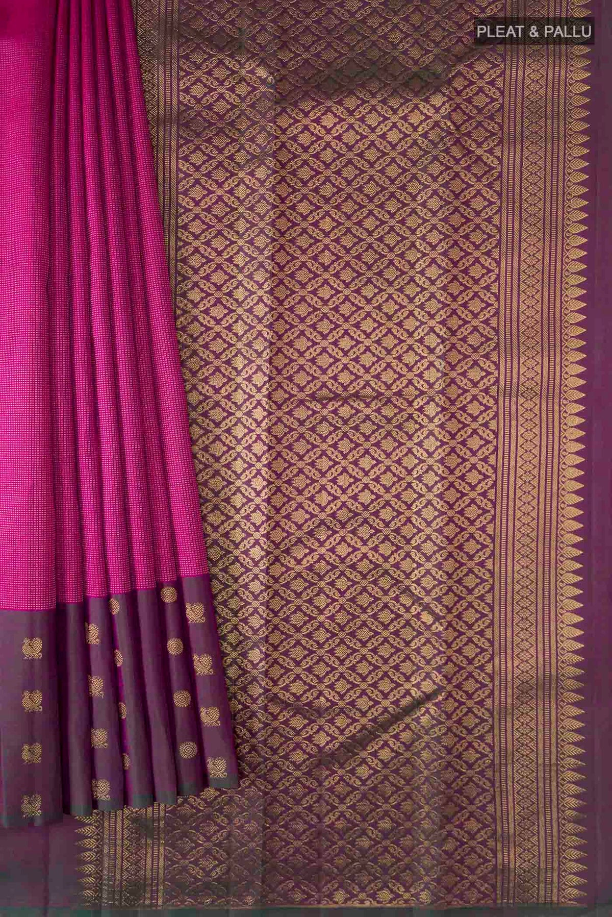 Pleats and pallu of Pink Kanchipuram Silk Saree with Zari Butta on the body and Zari Border