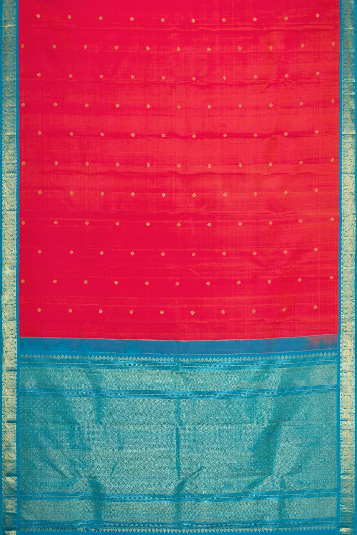 Flat view of Dark Pink Dual Tone Kanchipuram Silk Saree with Zari Butta on the body and Zari Border
