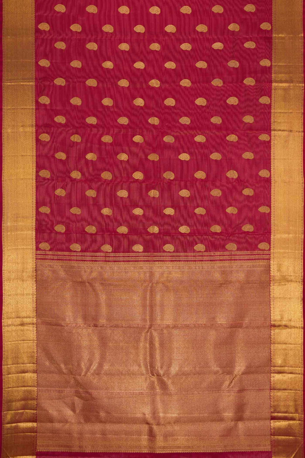 Flat view of Pure Silk Pure Zari Red Dual Tone Kanchipuram Saree with Zari Butta on the body and Zari Border