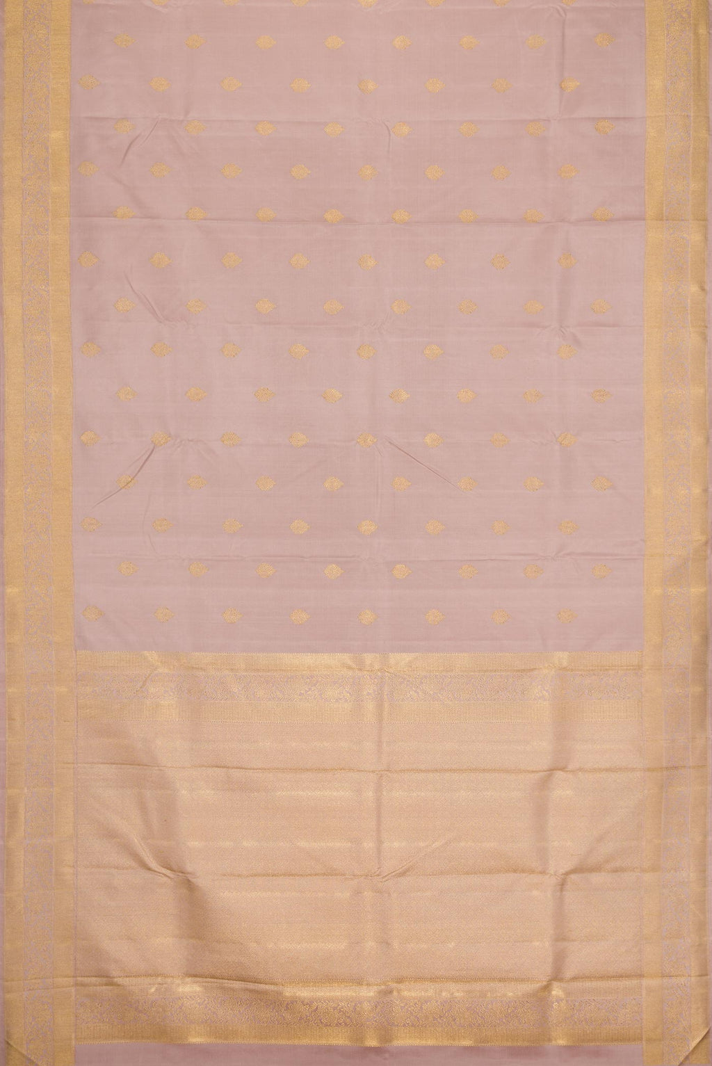 Flat view of Pure Silk Pure Zari Rose Gold Dual Tone Kanchipuram Saree with Zari Butta on the body and Zari Border