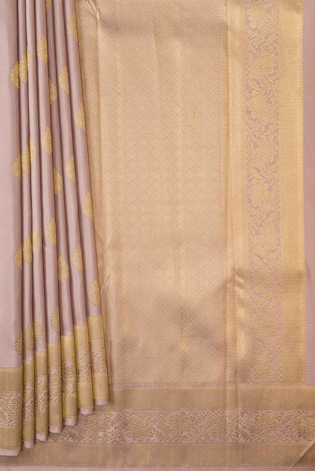 Pleats and pallu of Pure Silk Pure Zari Rose Gold Dual Tone Kanchipuram Saree with Zari Butta on the body and Zari Border