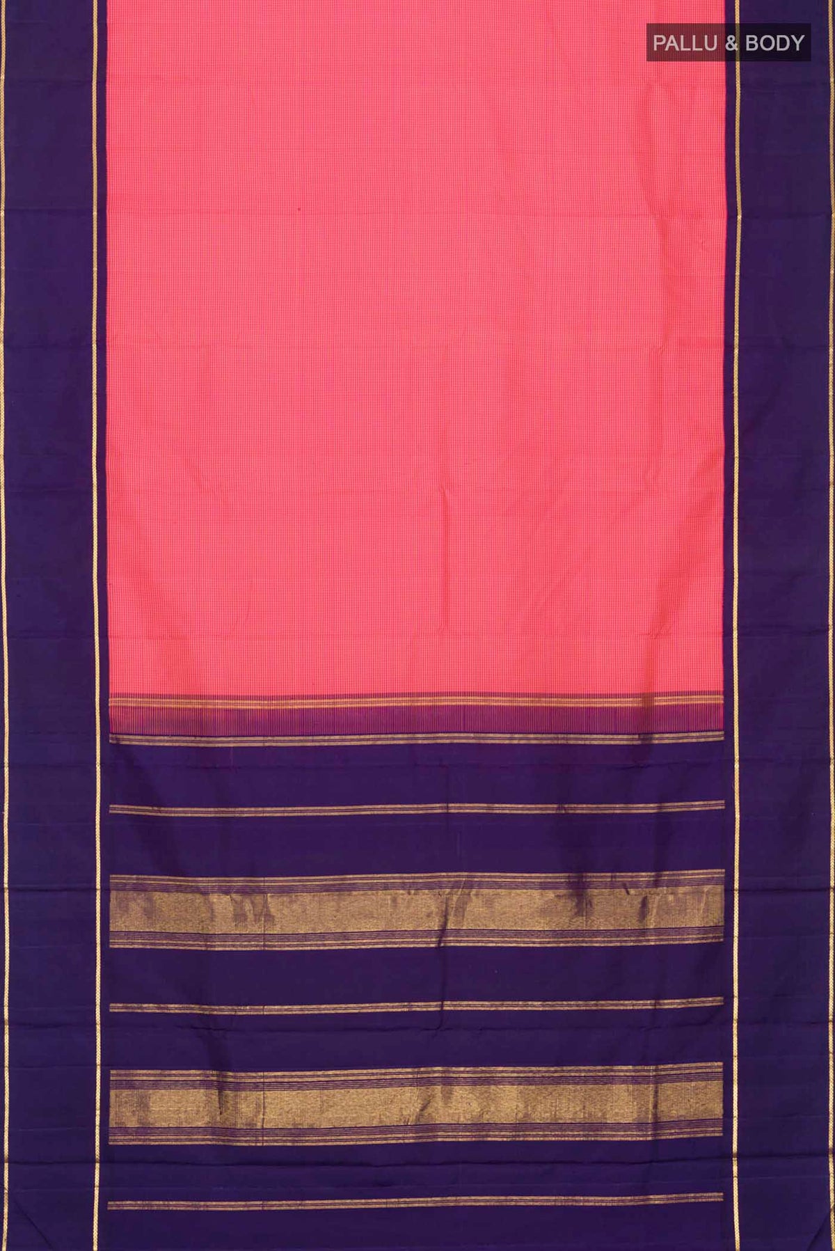 Flat view of Pink Kanchipuram Silk Saree with Checked design on the body and Zari Border