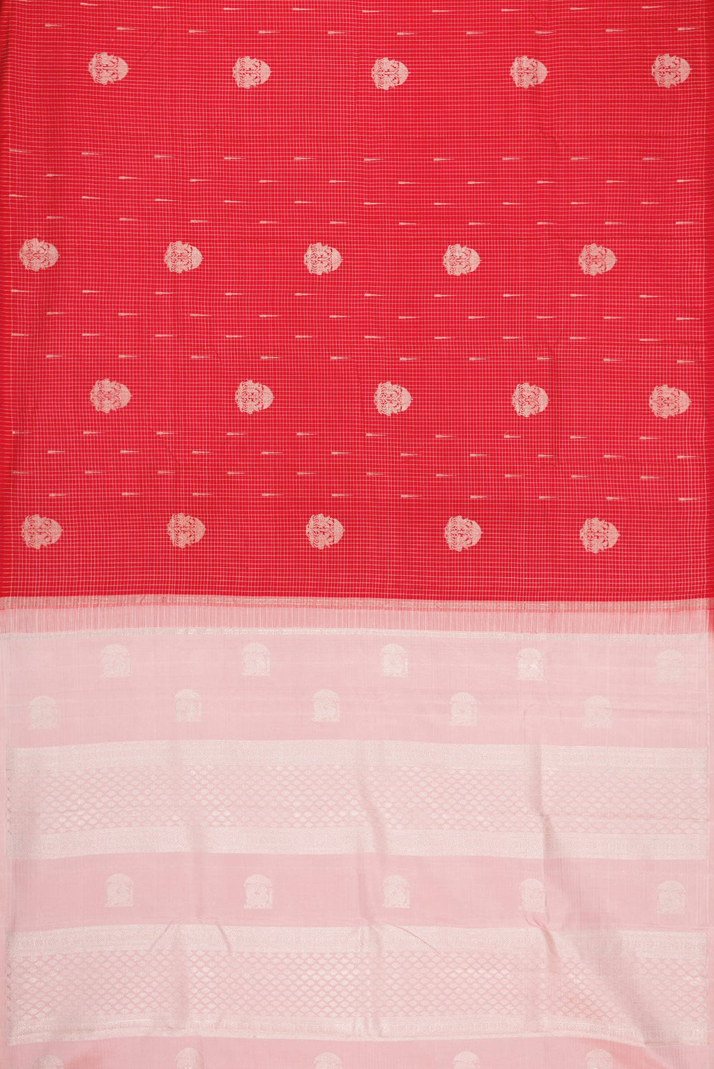 Flat view of Pure Silk Pure Zari Red Dual Tone Kanjivaram Saree with Zari Butta on the body and Without Border. 