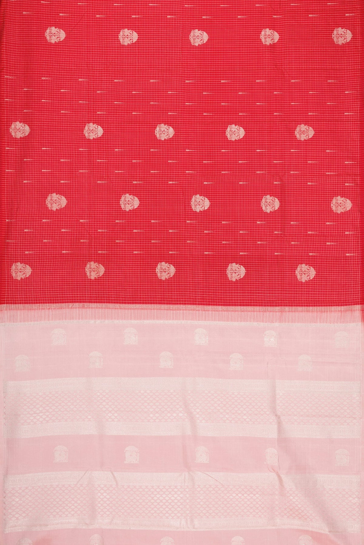 Flat view of Pure Silk Pure Zari Red Dual Tone Kanjivaram Saree with Zari Butta on the body and Without Border. 
