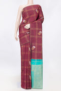 Maroon Dual Tone Kanchipuram Saree with Checked design on the body and Without Border displayed on a mannequin