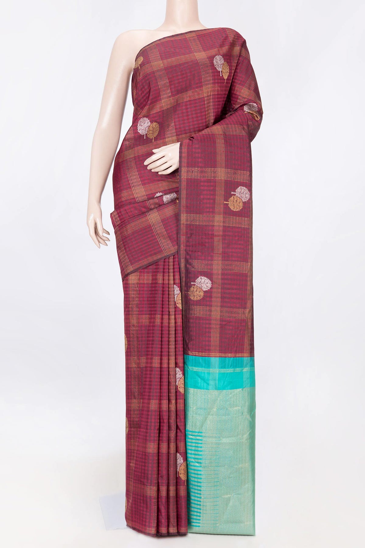 Maroon Dual Tone Kanchipuram Saree with Checked design on the body and Without Border displayed on a mannequin