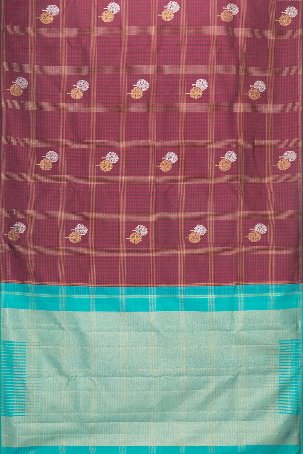 Flat view of Maroon Dual Tone Kanchipuram Saree with Checked design on the body and Without Border