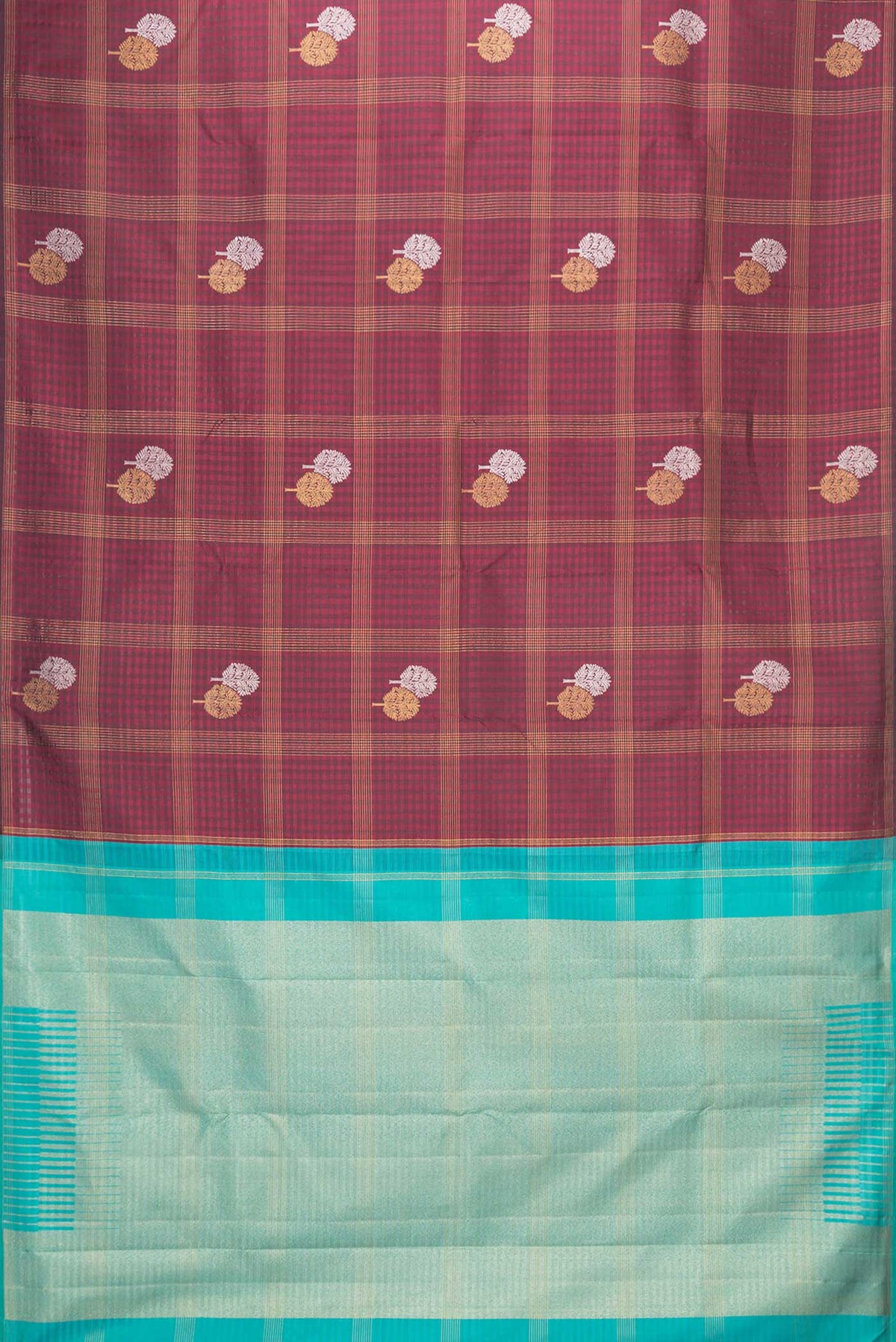 Flat view of Maroon Dual Tone Kanchipuram Saree with Checked design on the body and Without Border