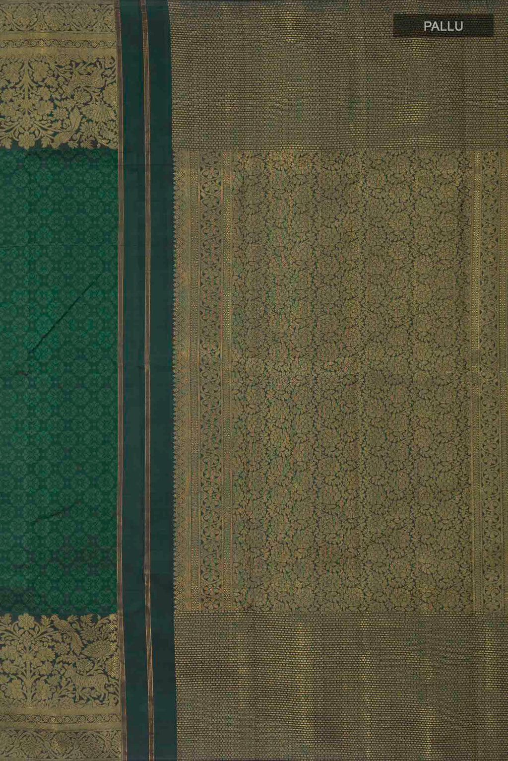 Close up image of the pallu of Green Kanchipuram Silk Saree with Jacquard design on the body and Zari Border