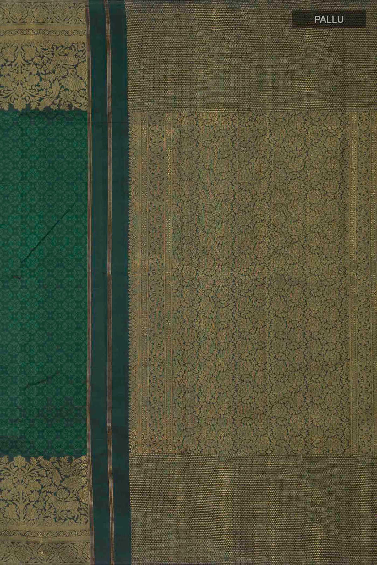 Close up image of the pallu of Green Kanchipuram Silk Saree with Jacquard design on the body and Zari Border