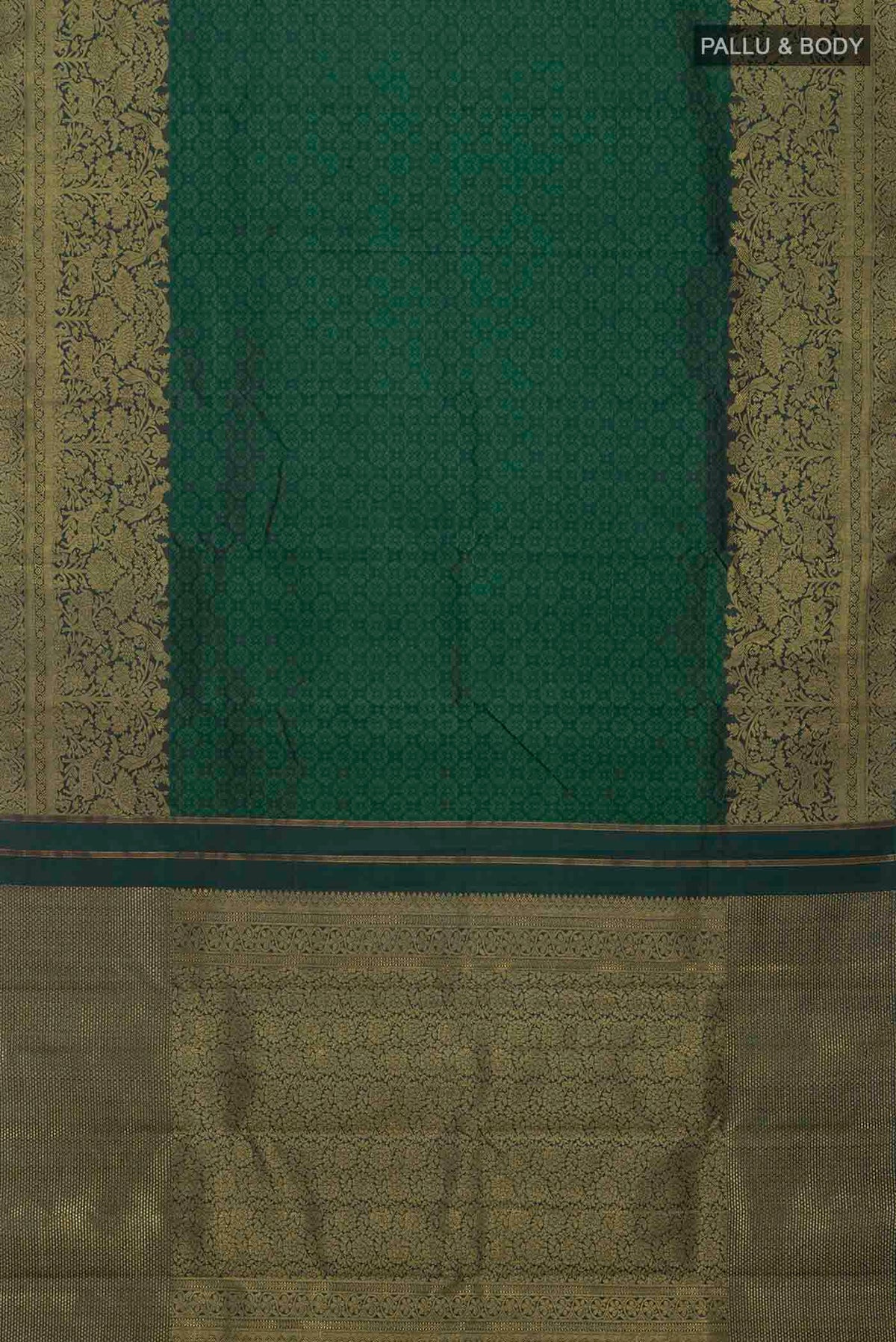 Flat view of Green Kanchipuram Silk Saree with Jacquard design on the body and Zari Border