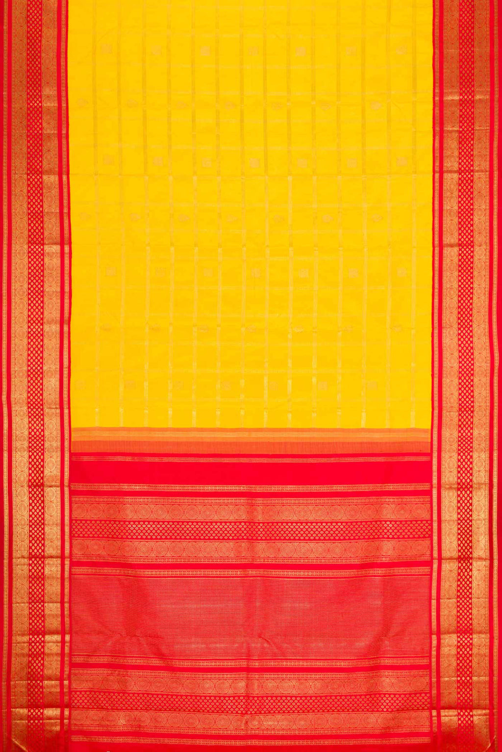 Flat view of Pure Silk Pure Zari Yellow Dual Tone Kanchipuram Saree with Checked design on the body and Zari Border