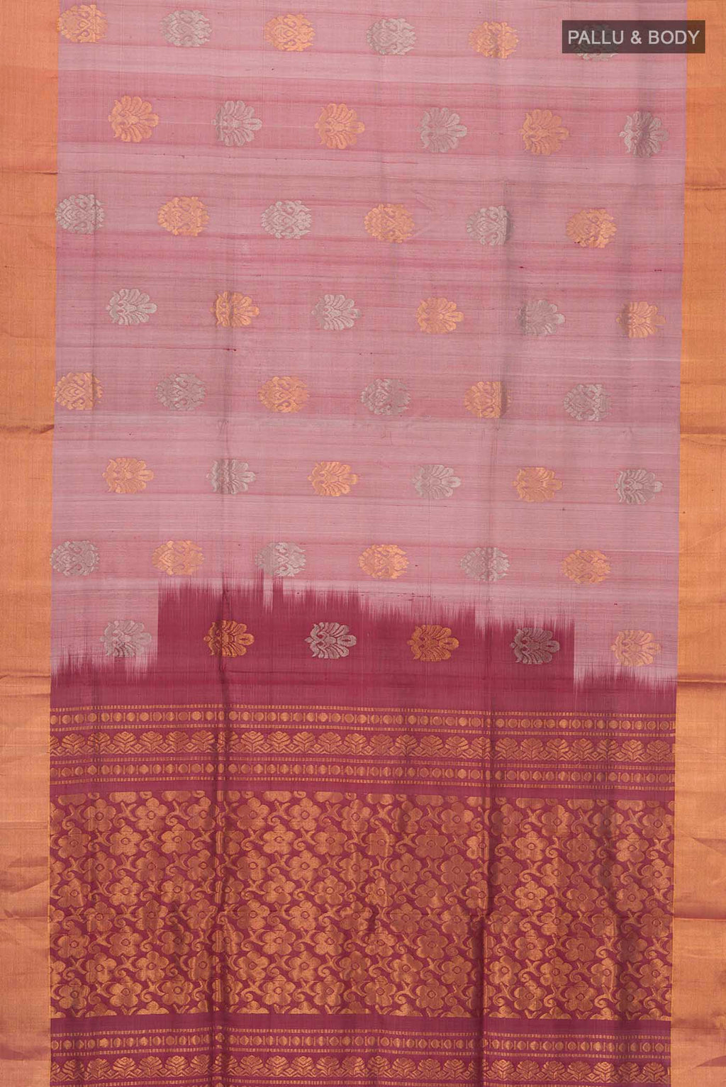Flat view of Mauve Uppada Silk Saree with Zari Butta on the body and Zari Border