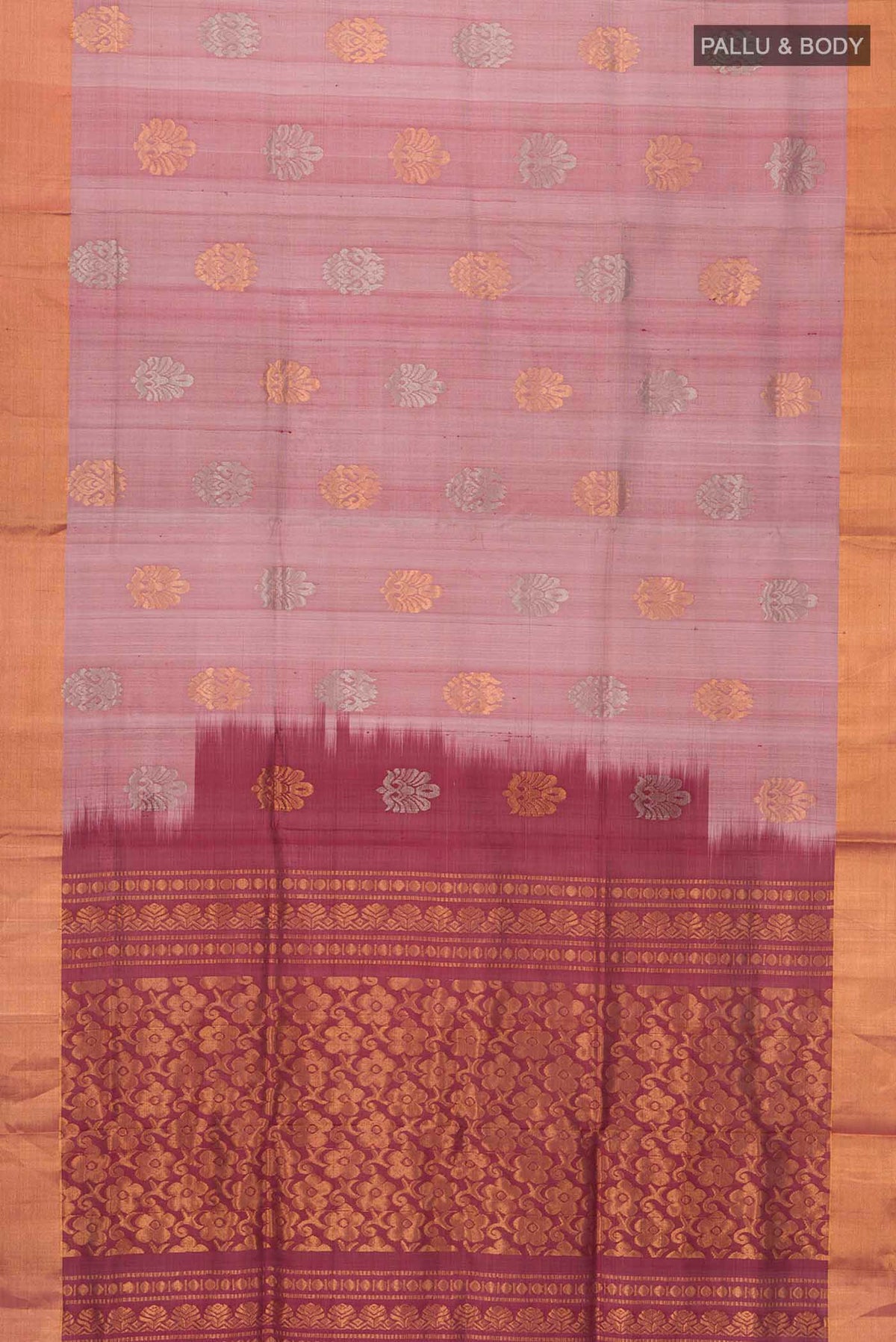 Flat view of Mauve Uppada Silk Saree with Zari Butta on the body and Zari Border