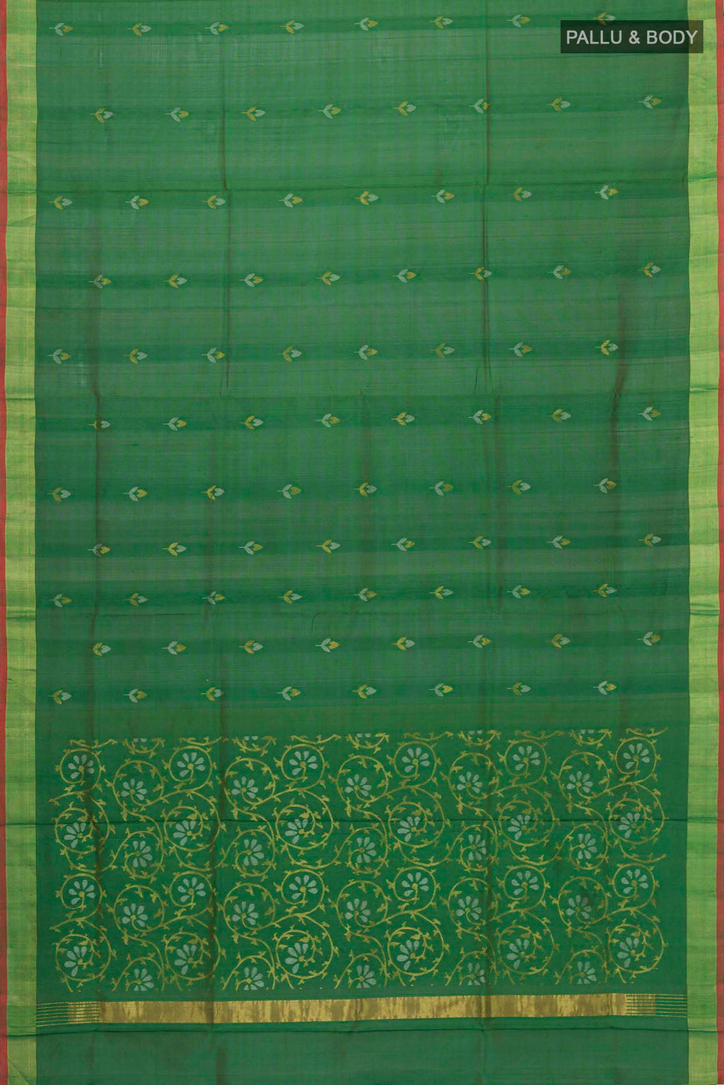 Flat view of Green Uppada Silk Saree with Zari Butta on the body and Zari Border