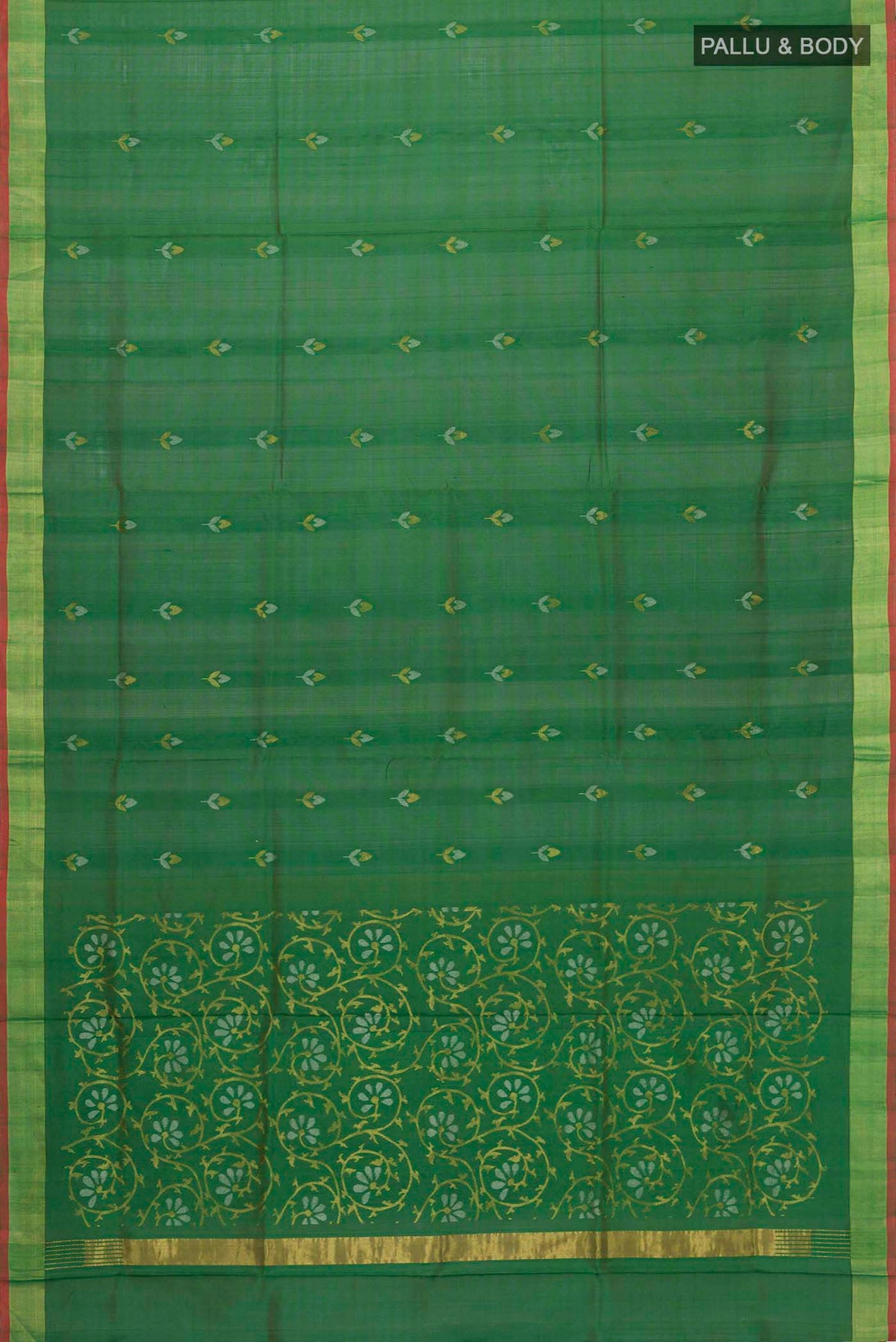 Flat view of Green Uppada Silk Saree with Zari Butta on the body and Zari Border