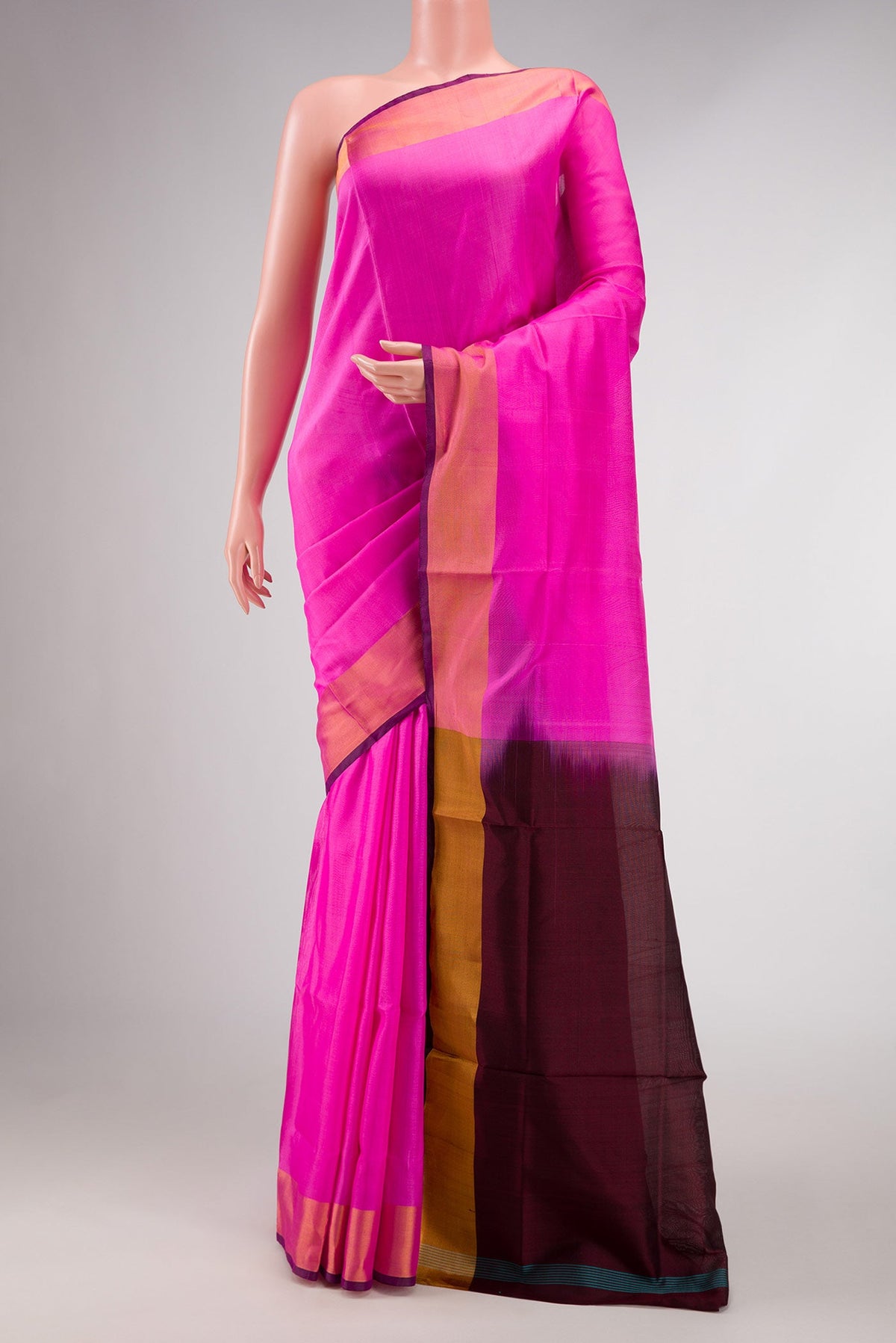 Pink Dual Tone Uppada Silk Saree with Plain Body and Zari Border displayed on a mannequin