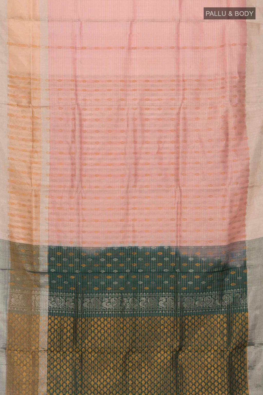 Flat view of Pink Uppada Silk Saree with Zari Butta on the body and Zari Border