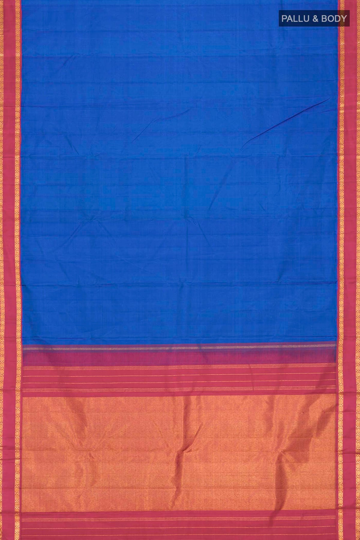 Flat view of Blue Kanchipuram Silk Saree with Zari Butta on the body and Zari Border