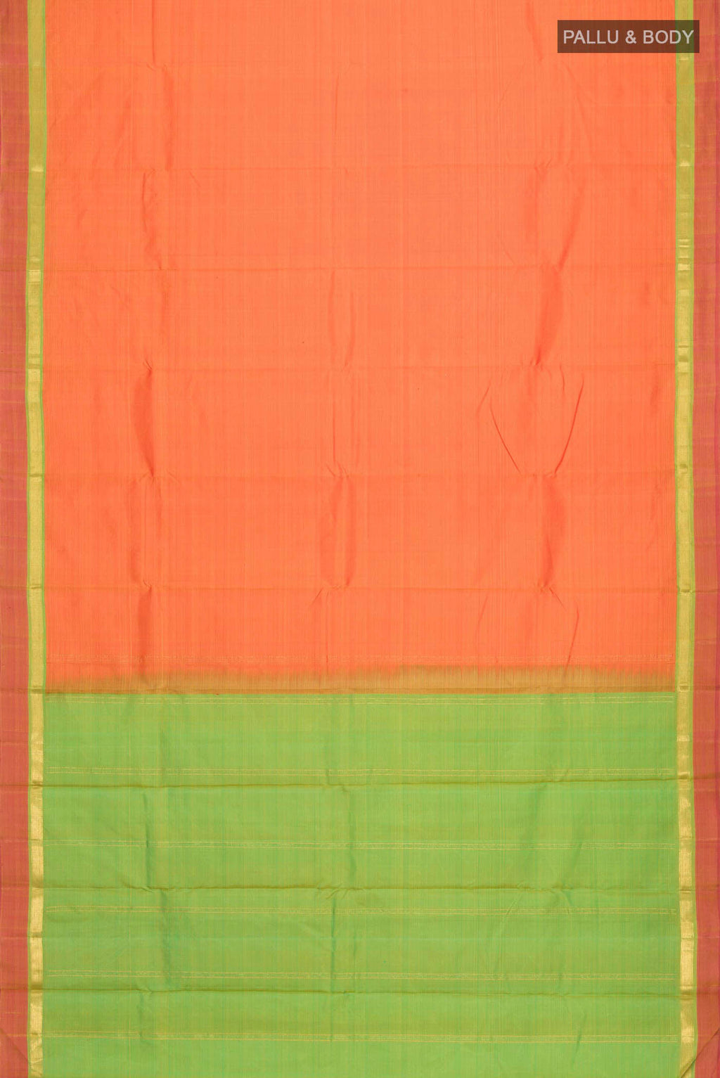 Flat view of Orange Kanchipuram Silk Saree with Plain Body and Zari Border