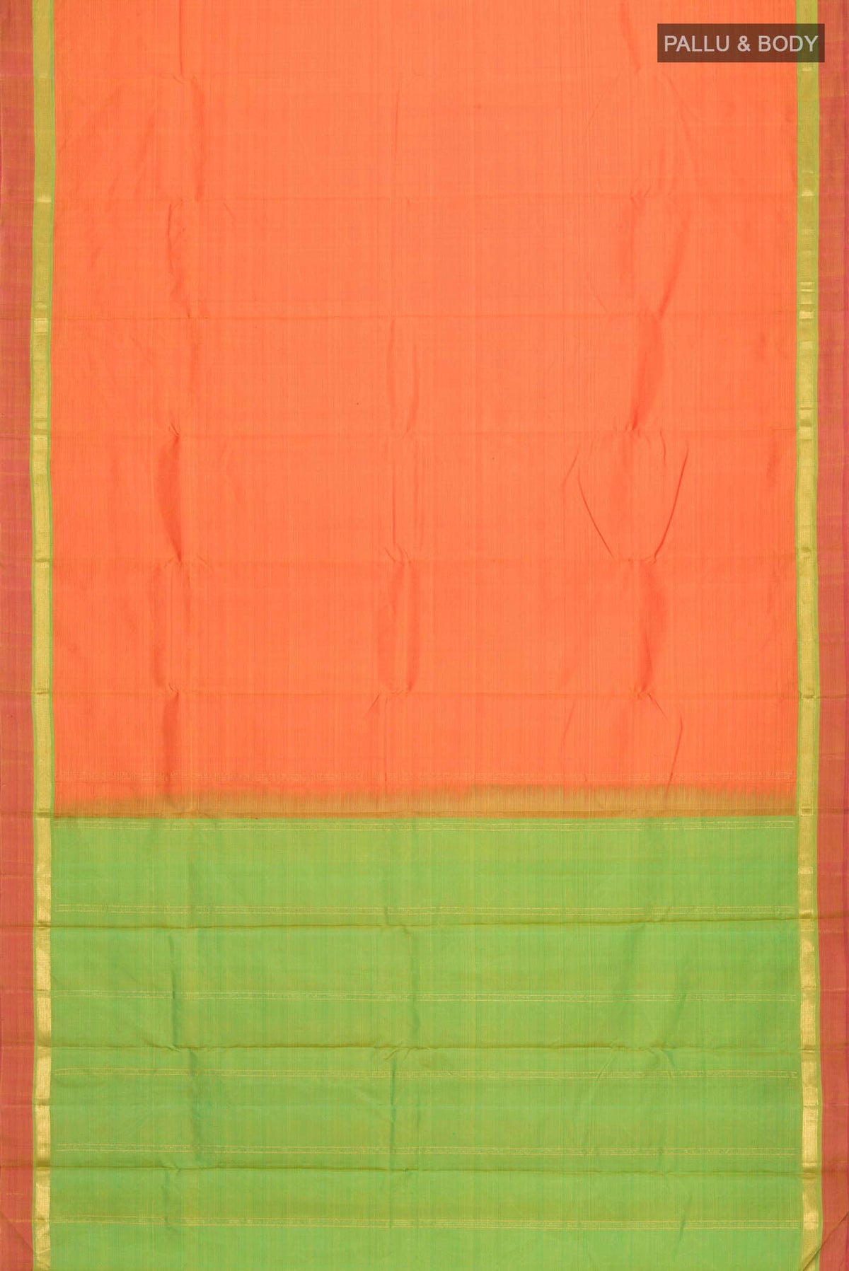 Flat view of Orange Kanchipuram Silk Saree with Plain Body and Zari Border
