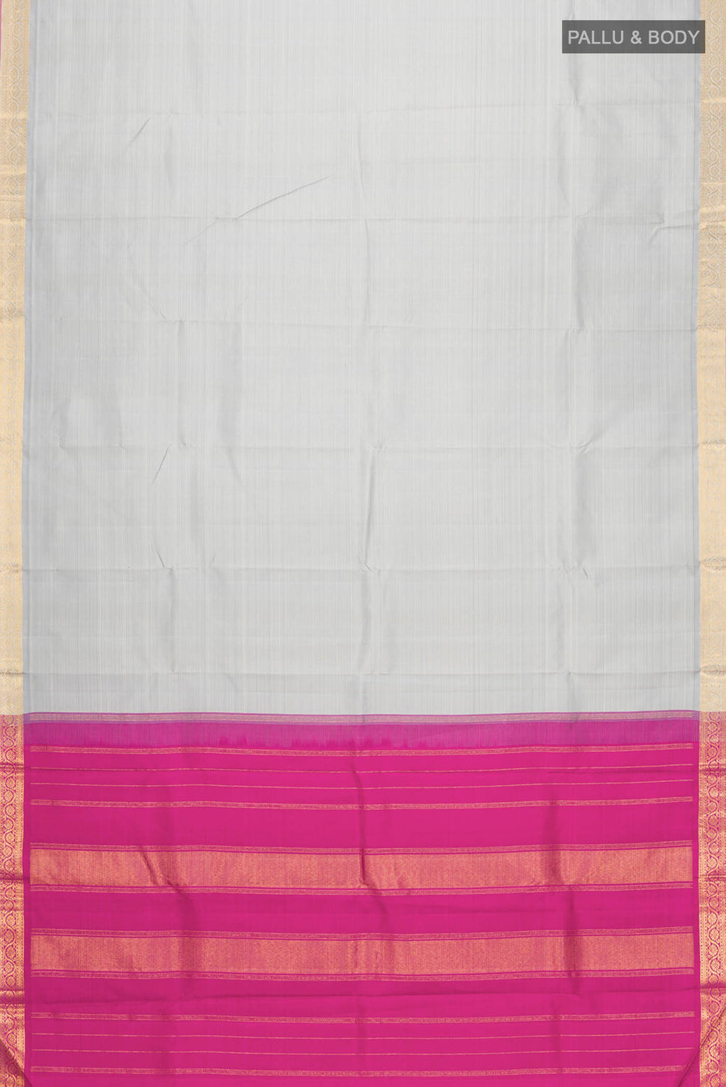 Flat view of Grey Kanchipuram Silk Saree with Plain Body and Zari Border