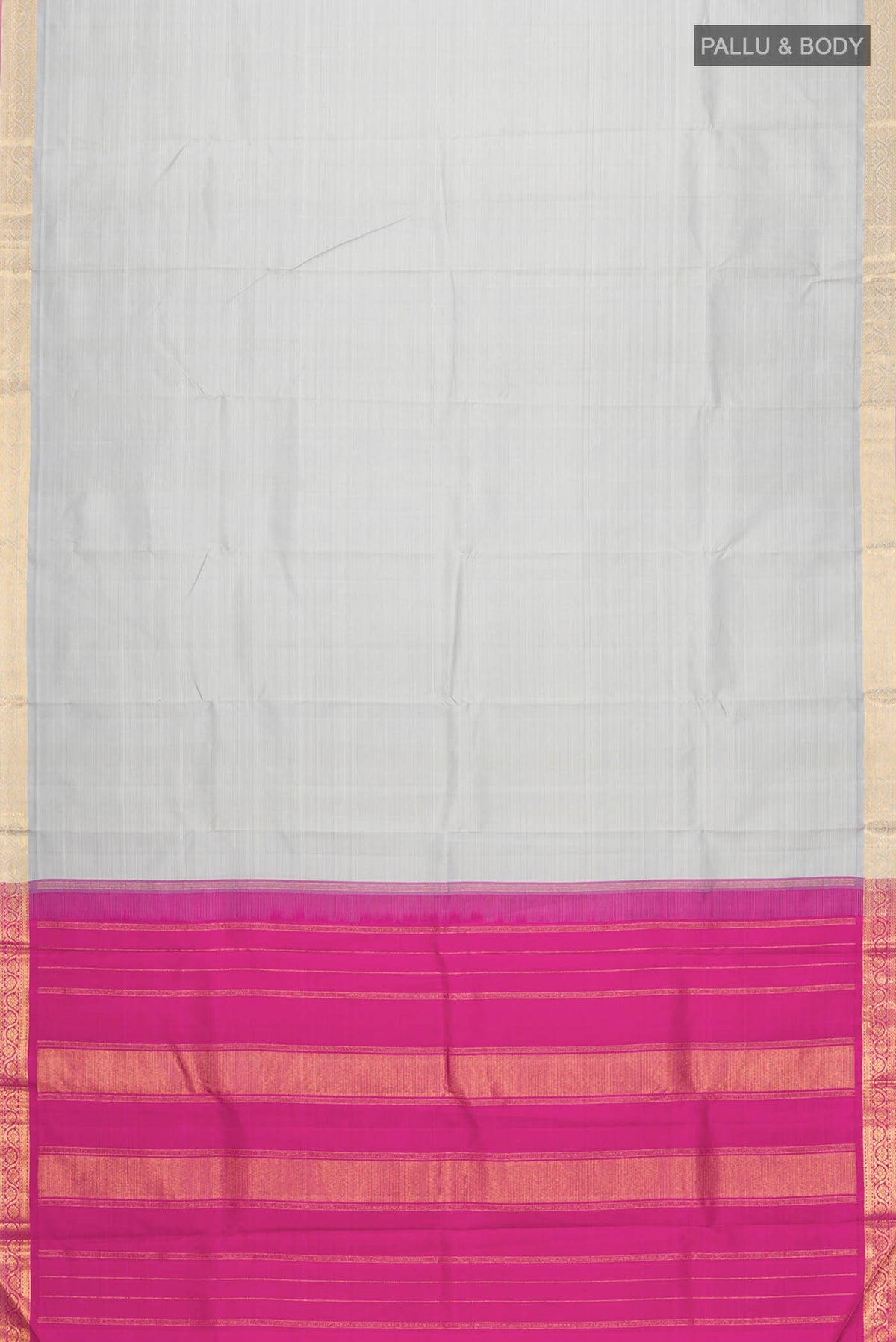 Flat view of Grey Kanchipuram Silk Saree with Plain Body and Zari Border
