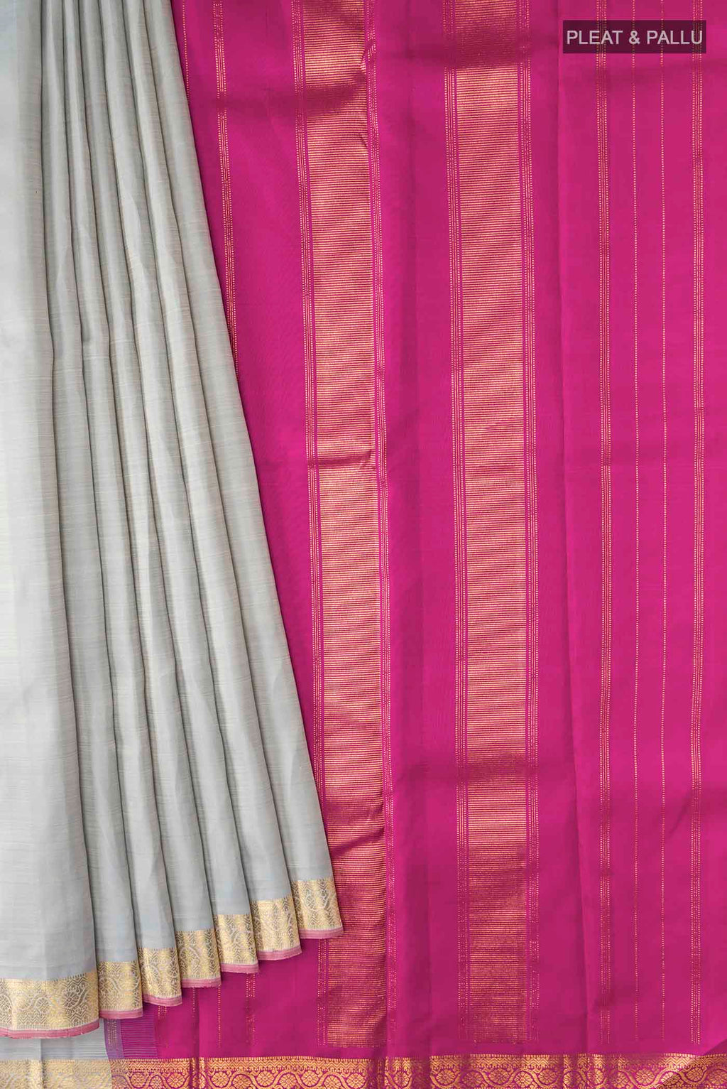 Pleats and pallu of Grey Kanchipuram Silk Saree with Plain Body and Zari Border