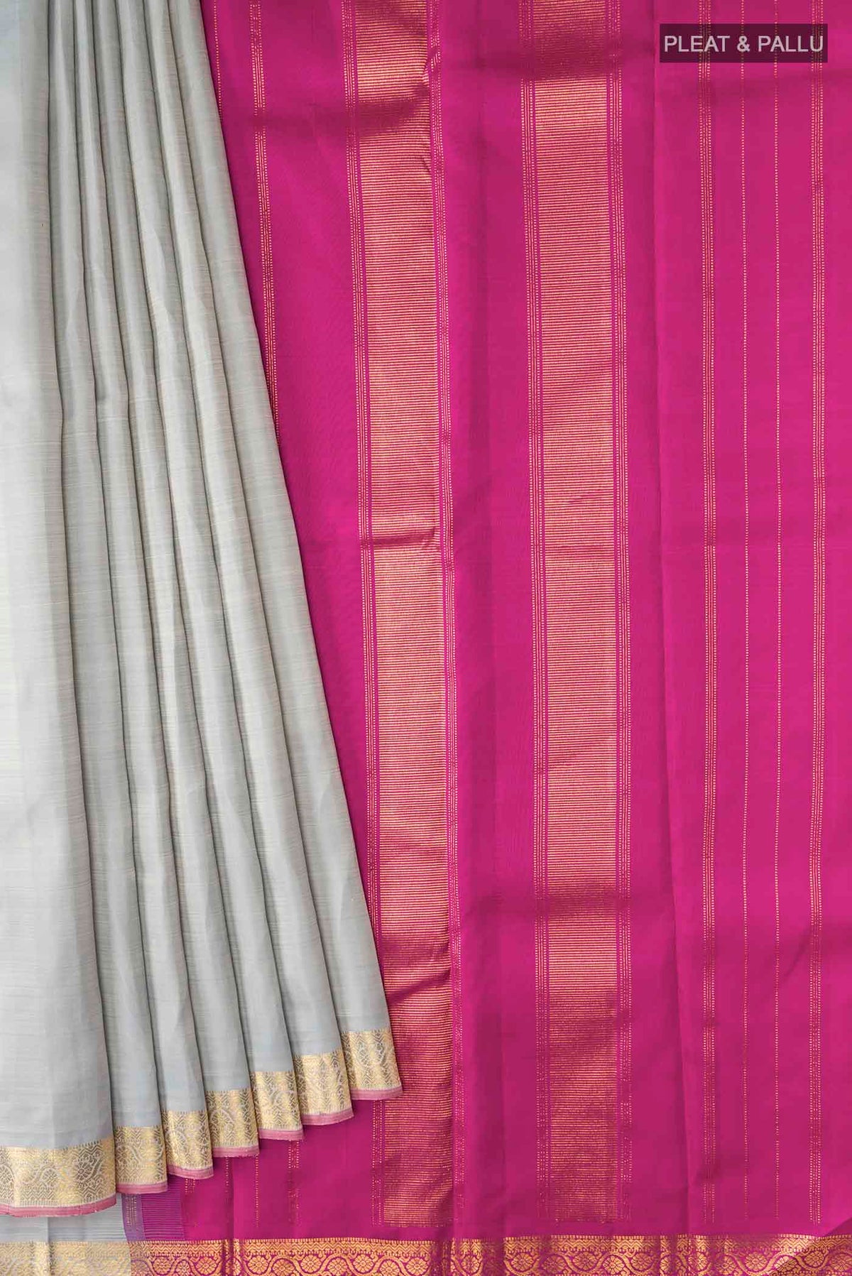 Pleats and pallu of Grey Kanchipuram Silk Saree with Plain Body and Zari Border