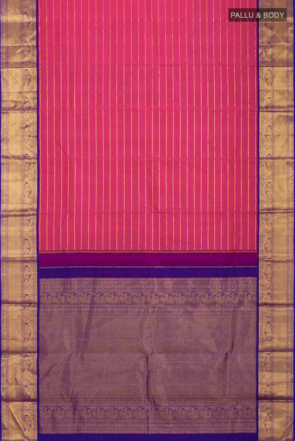 Flat view of Pink Kanchipuram Silk Saree with Stripes on the body and Zari Border