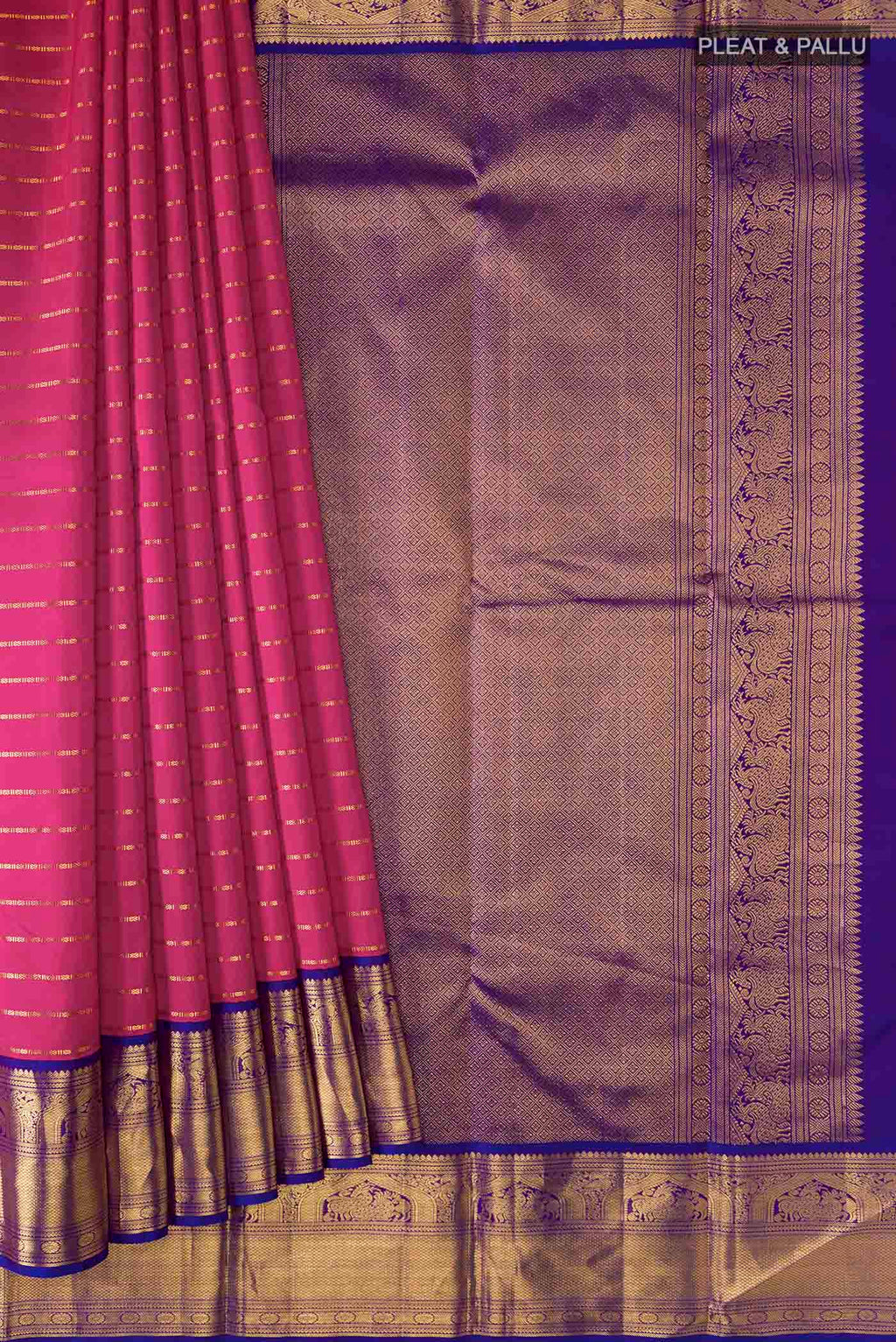 Pleats and pallu of Pink Kanchipuram Silk Saree with Stripes on the body and Zari Border