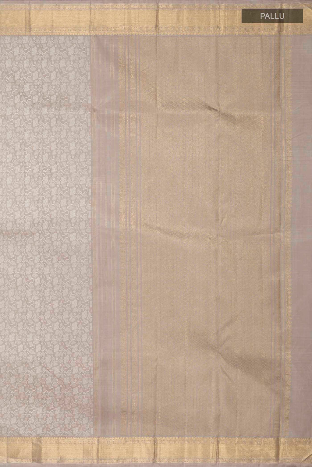 Close up image of the pallu of Grey Kanchipuram Silk Saree with Jacquard design on the body and Zari Border
