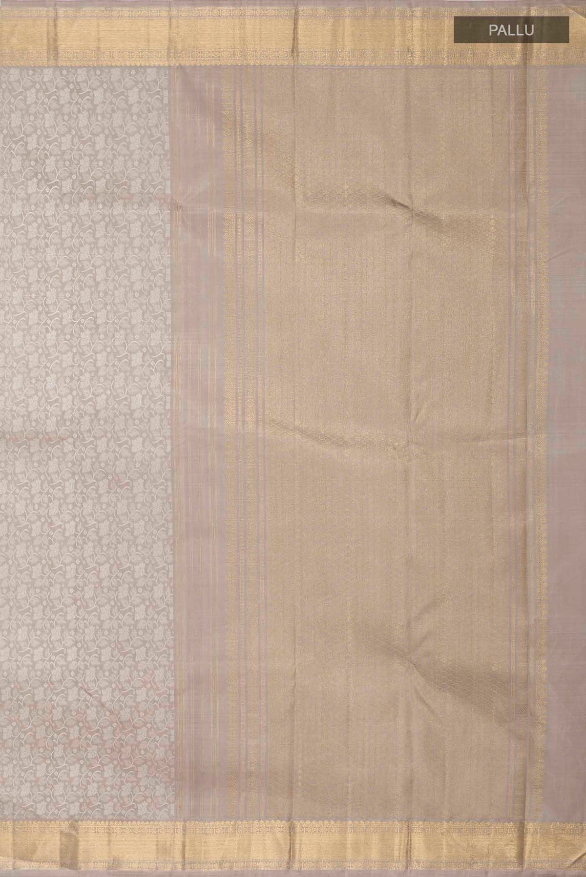 Close up image of the pallu of Grey Kanchipuram Silk Saree with Jacquard design on the body and Zari Border