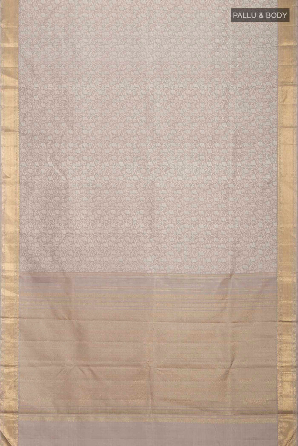 Flat view of Grey Kanchipuram Silk Saree with Jacquard design on the body and Zari Border