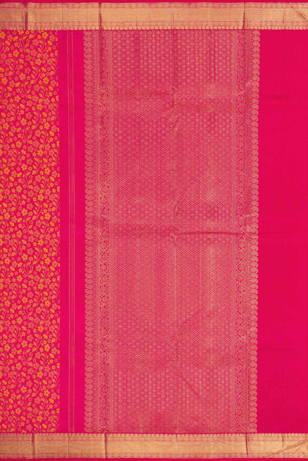 Close up image of the pallu of Pure Silk Pure Zari Pink Dual Tone Kanjivaram Saree with Jacquard design on the body and Zari Border. 