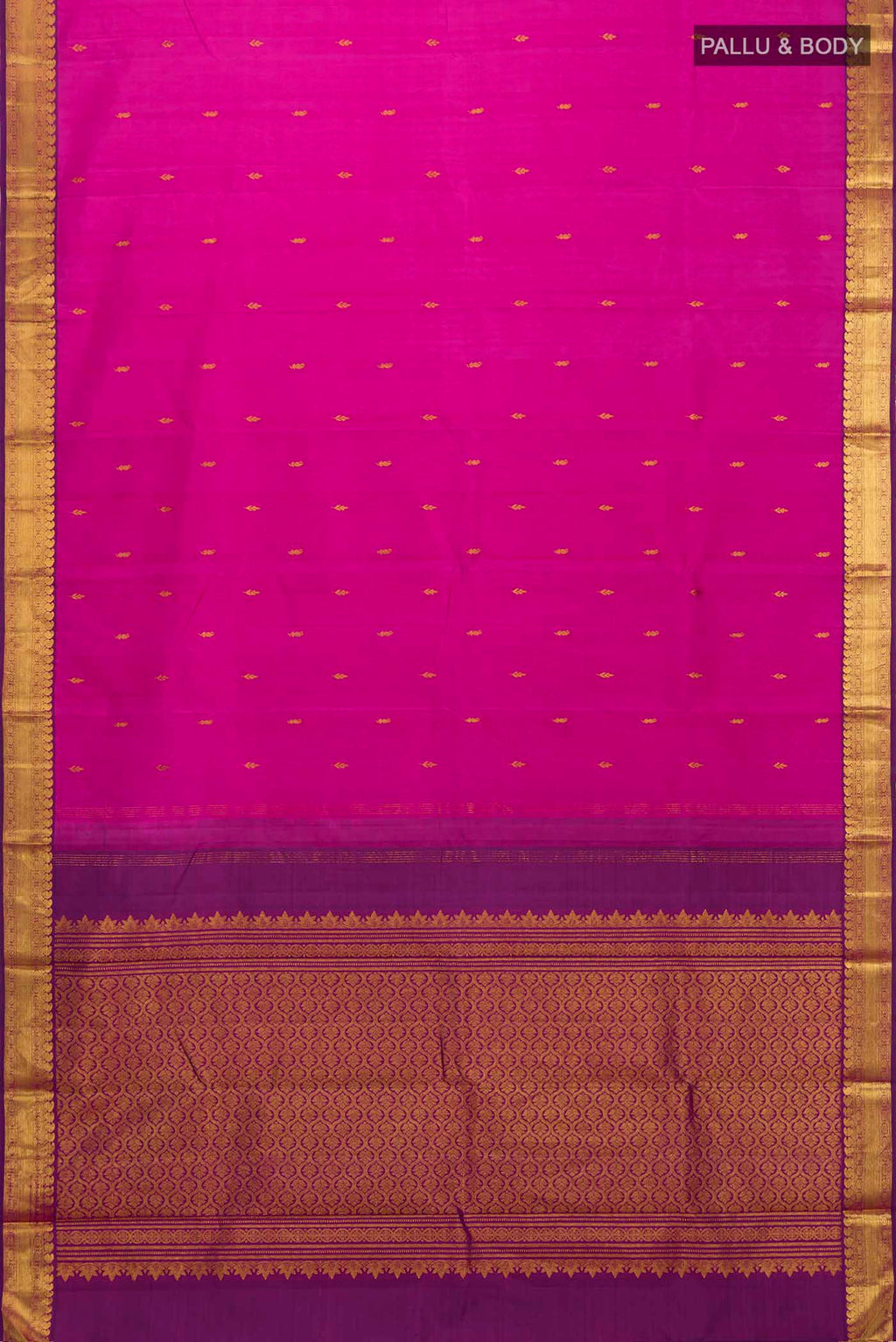 Flat view of Pink Kanchipuram Silk Saree with Zari Butta on the body and Zari Border