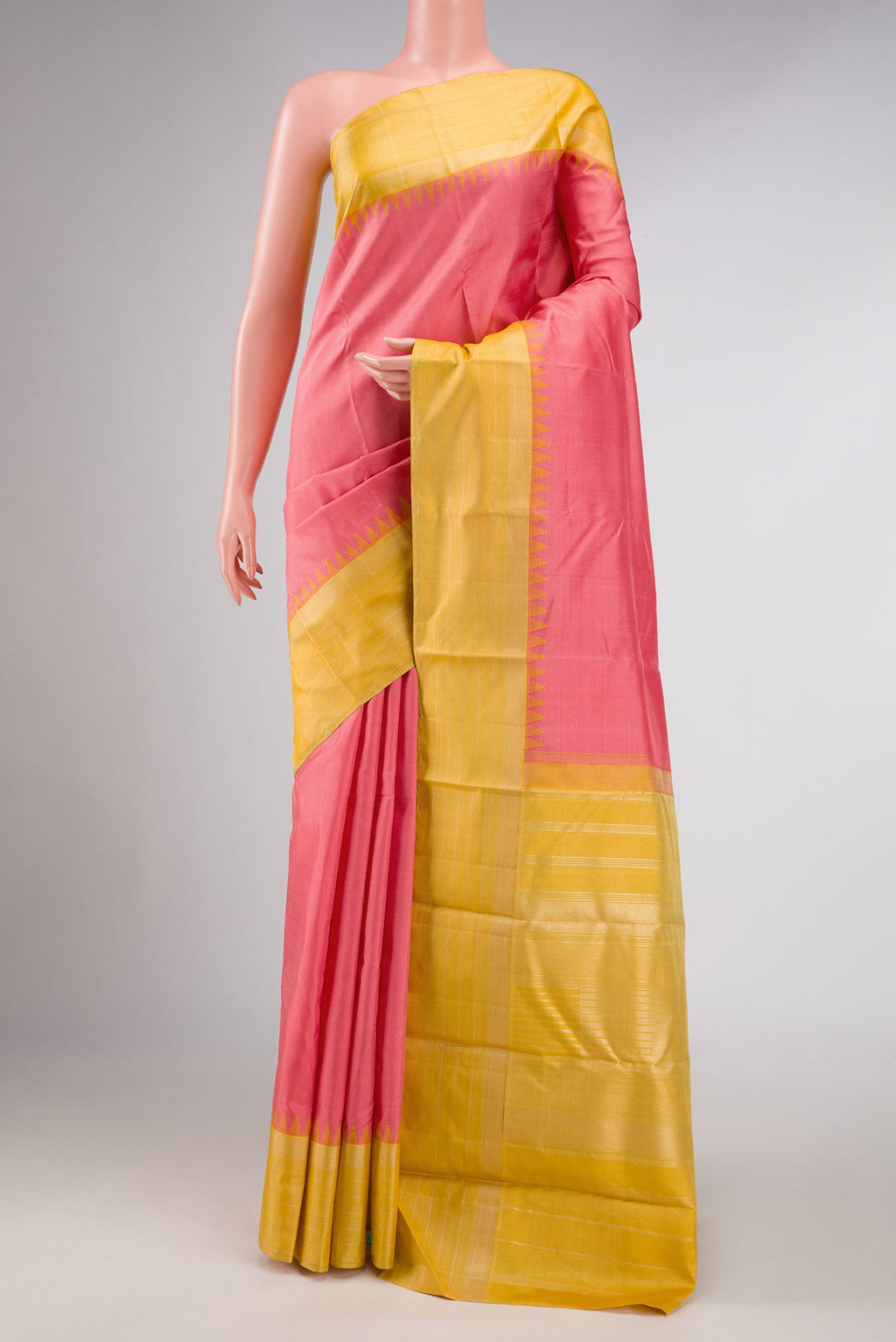 Pink Dual Tone Kanchipuram Silk Saree with Plain Body and Zari Border displayed on a mannequin