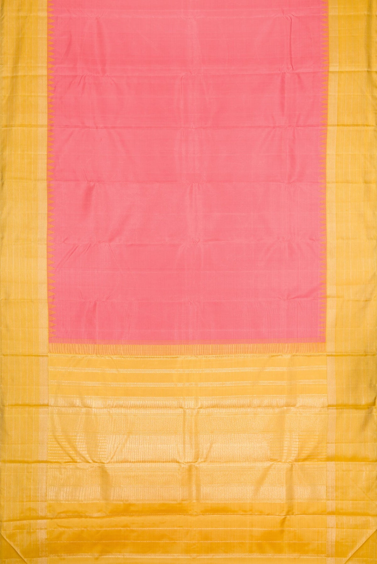 Flat view of Pink Dual Tone Kanchipuram Silk Saree with Plain Body and Zari Border