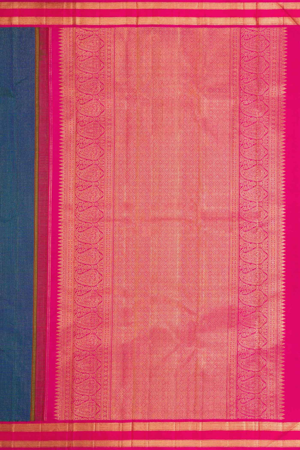 Close up image of the pallu of Peacock Blue Dual Tone Kanchipuram Silk Saree with Stripes on the body and Zari Border
