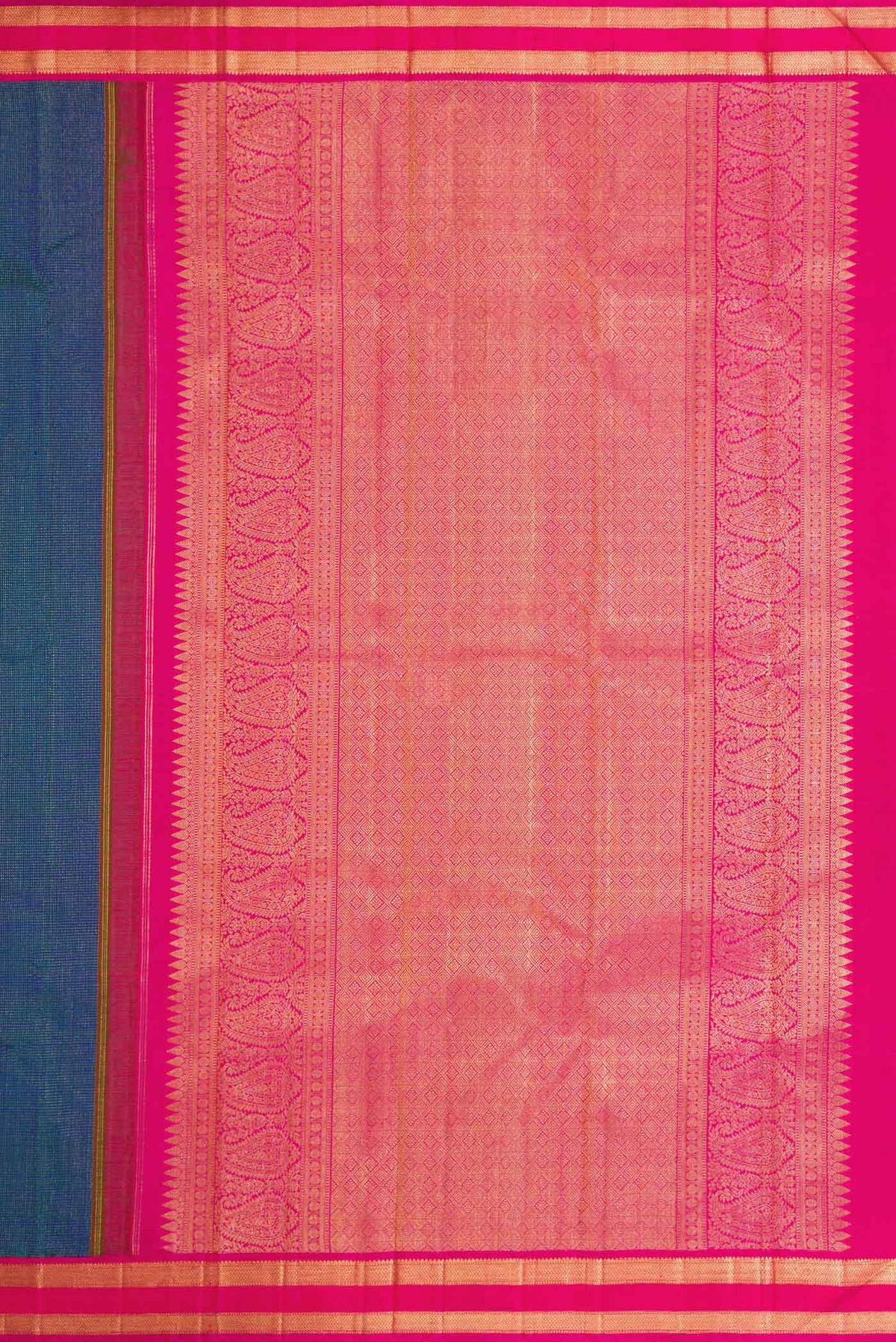 Close up image of the pallu of Peacock Blue Dual Tone Kanchipuram Silk Saree with Stripes on the body and Zari Border