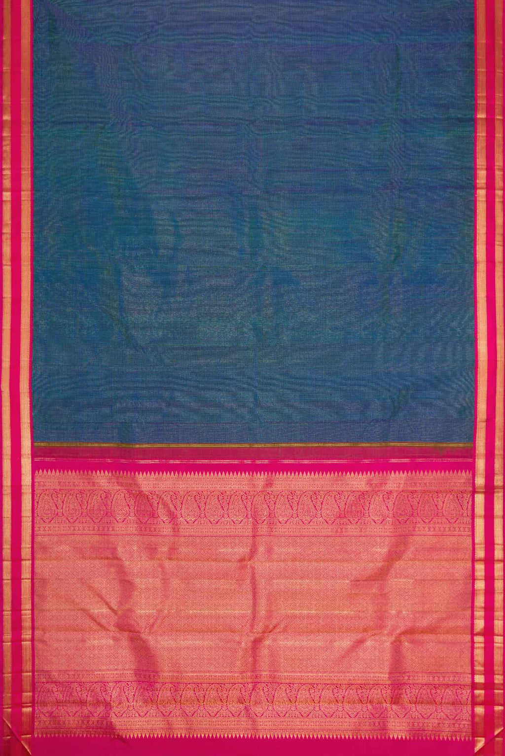 Flat view of Peacock Blue Dual Tone Kanchipuram Silk Saree with Stripes on the body and Zari Border