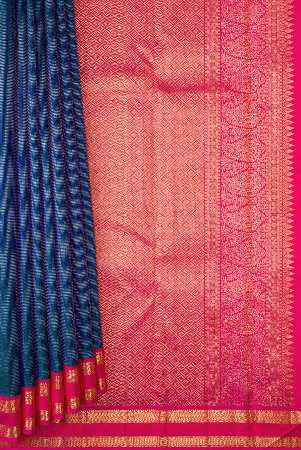 Pleats and pallu of Peacock Blue Dual Tone Kanchipuram Silk Saree with Stripes on the body and Zari Border