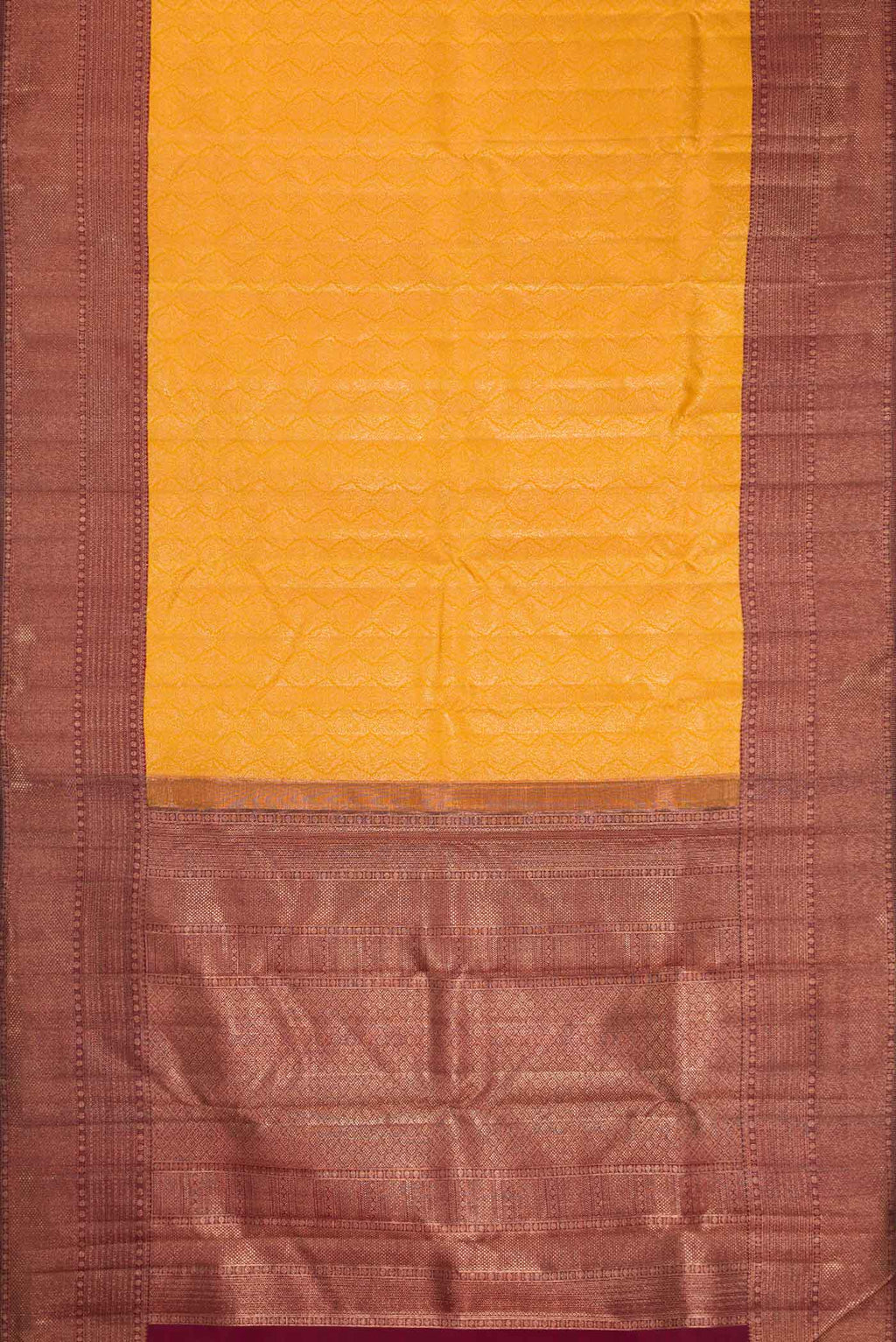 Flat view of Mustard Dual Tone Kanchipuram Silk Saree with Zari Brocade on the body and Zari Border