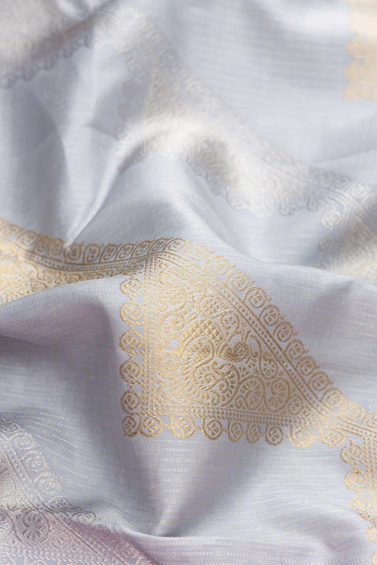 Close up of Grey Dual Tone Kanchipuram Silk Saree with Jacquard With Zari Butta on the body and Zari Border displaying folds