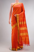 Pure Silk Pure Zari Orange Dual Tone Kanjivaram Nine Yards Saree with Plain Body and Zari Border.  displayed on a mannequin