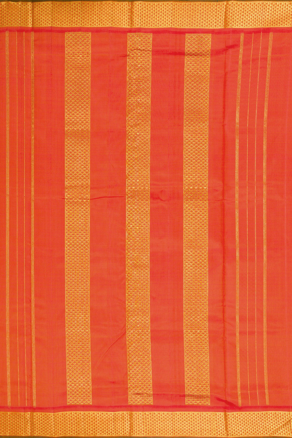 Close up image of the pallu of Pure Silk Pure Zari Orange Dual Tone Kanjivaram Nine Yards Saree with Plain Body and Zari Border. 