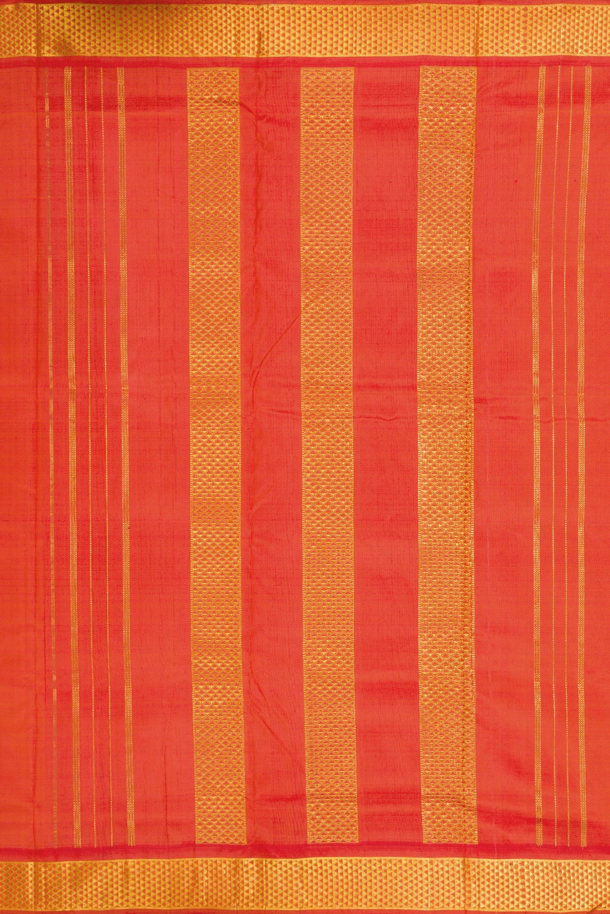 Close up image of the pallu of Pure Silk Pure Zari Orange Dual Tone Kanjivaram Nine Yards Saree with Plain Body and Zari Border. 